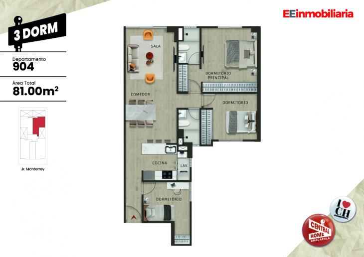 Plano del modelo Dpto. 904 del proyecto Central Home Chacarilla en Santiago De Surco