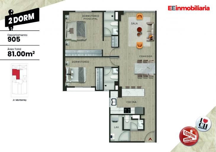 Plano del modelo Dpto. 905 del proyecto Central Home Chacarilla en Santiago De Surco