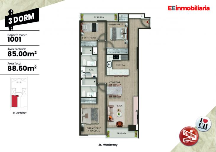 Plano del modelo Dpto. 1001 del proyecto Central Home Chacarilla en Santiago De Surco