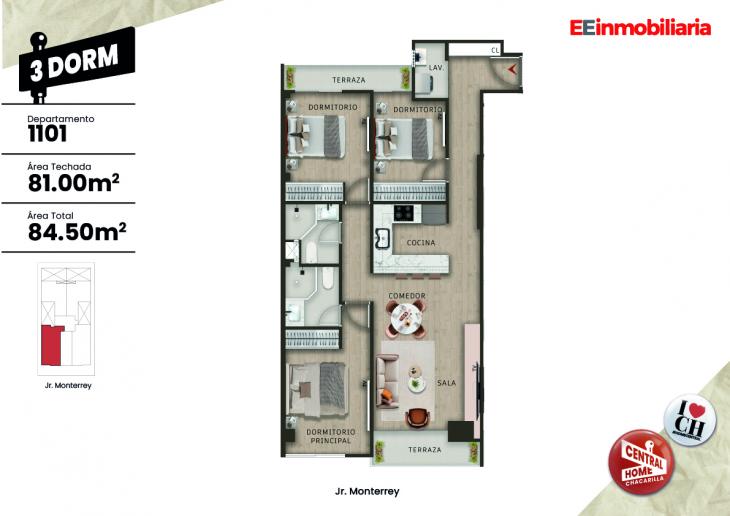 Plano del modelo Dpto.  1101 del proyecto Central Home Chacarilla en Santiago De Surco