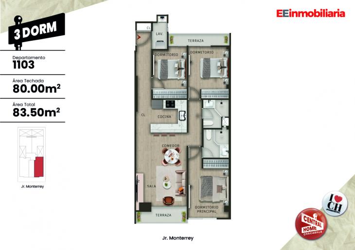Plano del modelo Dpto.  1103 del proyecto Central Home Chacarilla en Santiago De Surco