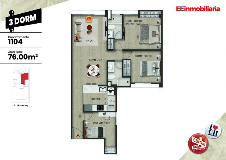 Plano del modelo Dpto.  1104 del proyecto Central Home Chacarilla en Santiago De Surco