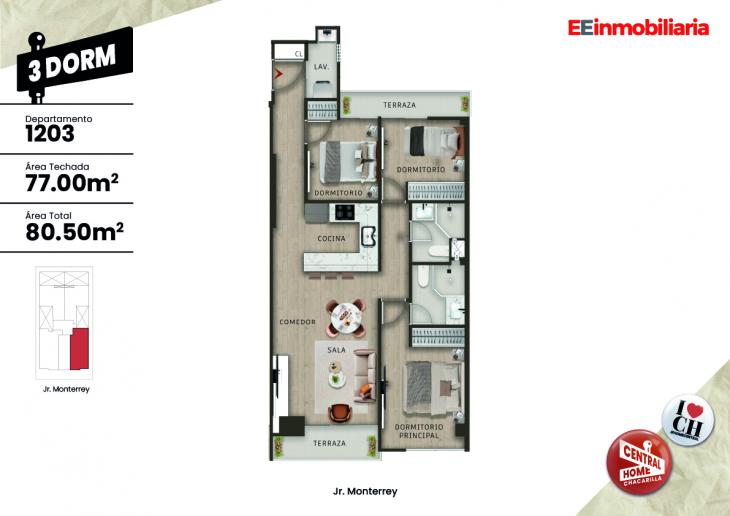 Plano del modelo Dpto.  1203 del proyecto Central Home Chacarilla en Santiago De Surco