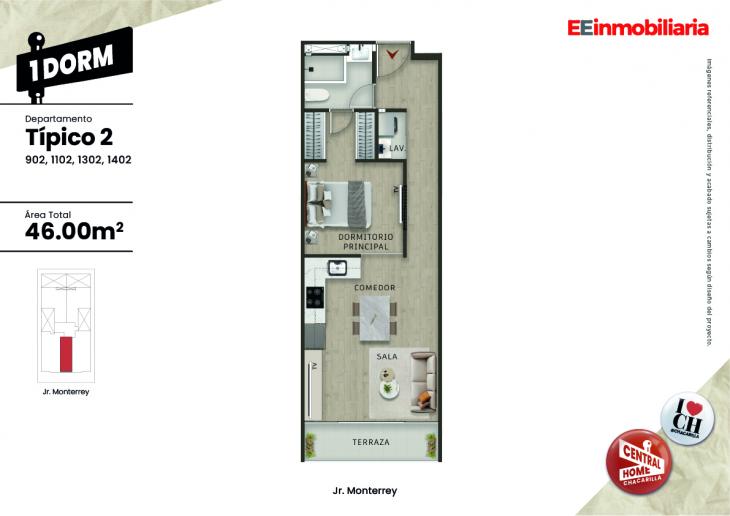 Plano del modelo Dpto. 1302 del proyecto Central Home Chacarilla en Santiago De Surco