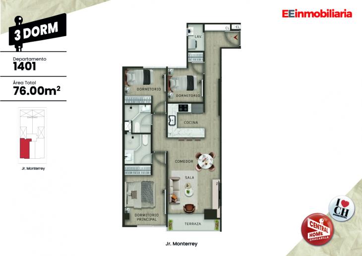 Plano del modelo Dpto. 1401 del proyecto Central Home Chacarilla en Santiago De Surco