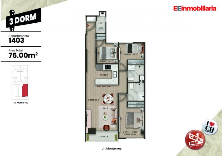 Plano del modelo Dpto. 1403 del proyecto Central Home Chacarilla en Santiago De Surco