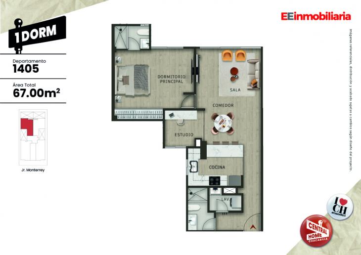 Plano del modelo Dpto. 1405 del proyecto Central Home Chacarilla en Santiago De Surco
