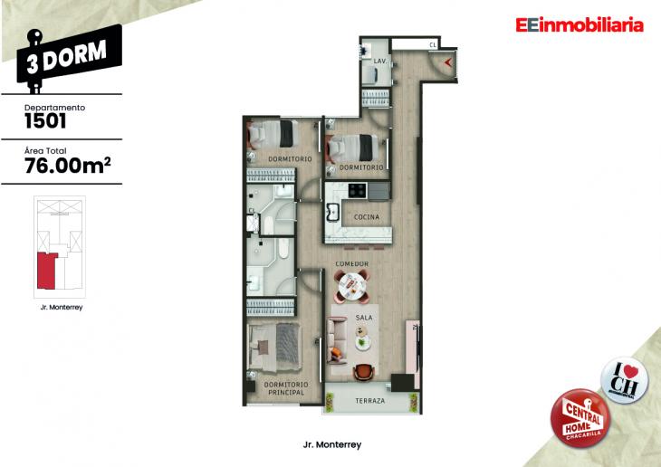Plano del modelo Dpto. 1501 del proyecto Central Home Chacarilla en Santiago De Surco