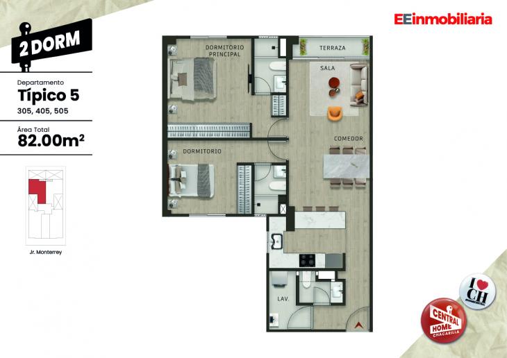 Plano del modelo Típico 5 del proyecto Central Home Chacarilla en Santiago De Surco