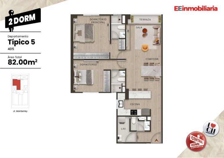 Plano del modelo Dpto. 405 del proyecto Central Home Chacarilla en Santiago De Surco