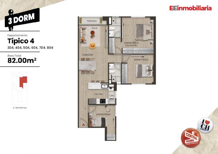 Plano del modelo Típico 4-B del proyecto Central Home Chacarilla en Santiago De Surco