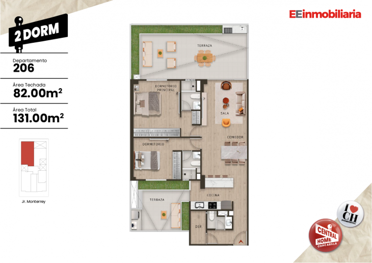 Plano del modelo Dpto. 206 del proyecto Central Home Chacarilla en Santiago De Surco