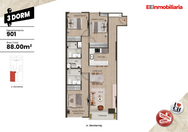 Plano del modelo Dpto. 901 del proyecto Central Home Chacarilla en Santiago De Surco