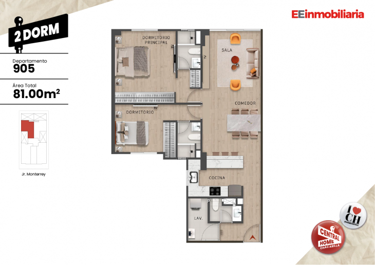 Plano del modelo Dpto. 905 del proyecto Central Home Chacarilla en Santiago De Surco