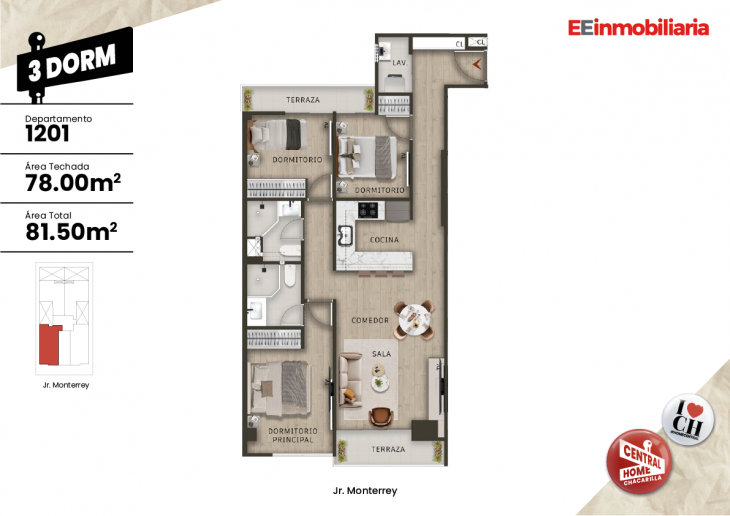 Plano del modelo Dpto.  1201 del proyecto Central Home Chacarilla en Santiago De Surco
