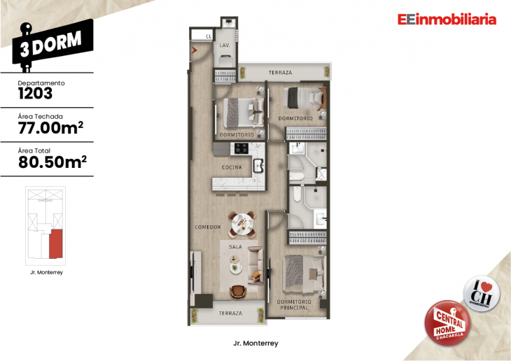 Plano del modelo Dpto.  1203 del proyecto Central Home Chacarilla en Santiago De Surco