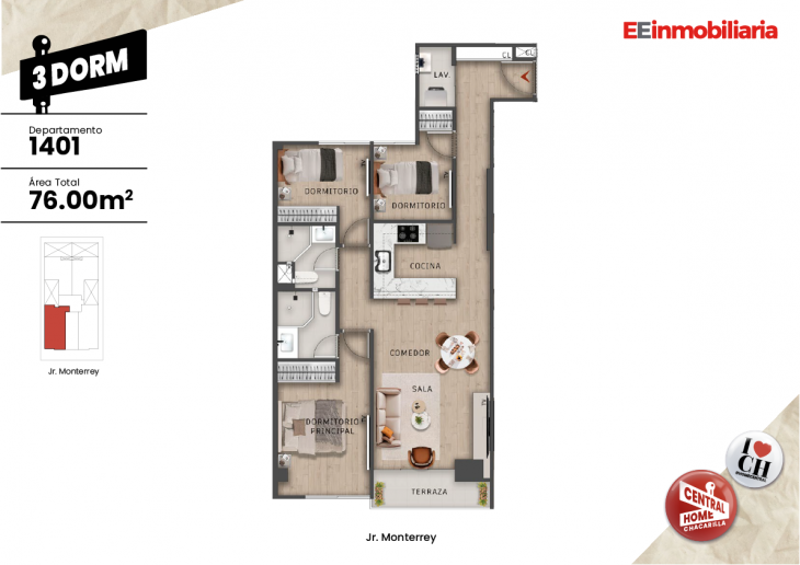 Plano del modelo Dpto. 1401 del proyecto Central Home Chacarilla en Santiago De Surco
