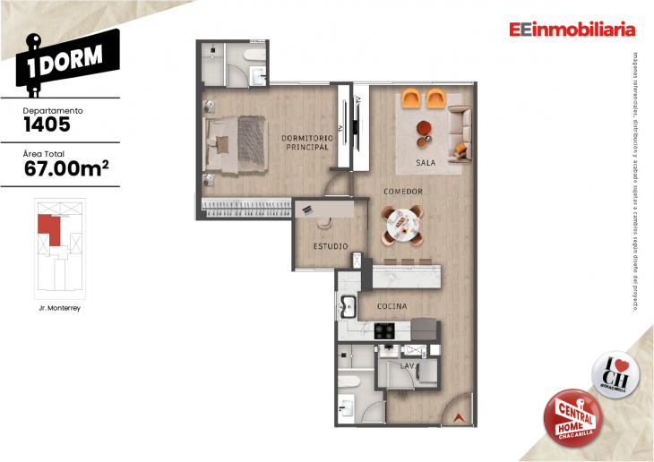 Plano del modelo Dpto. 1405 del proyecto Central Home Chacarilla en Santiago De Surco