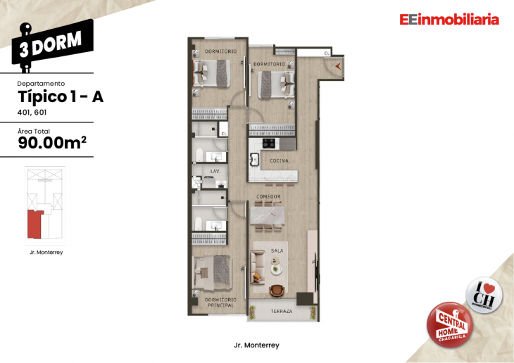 Plano del modelo Dpto. 401 del proyecto Central Home Chacarilla en Santiago De Surco