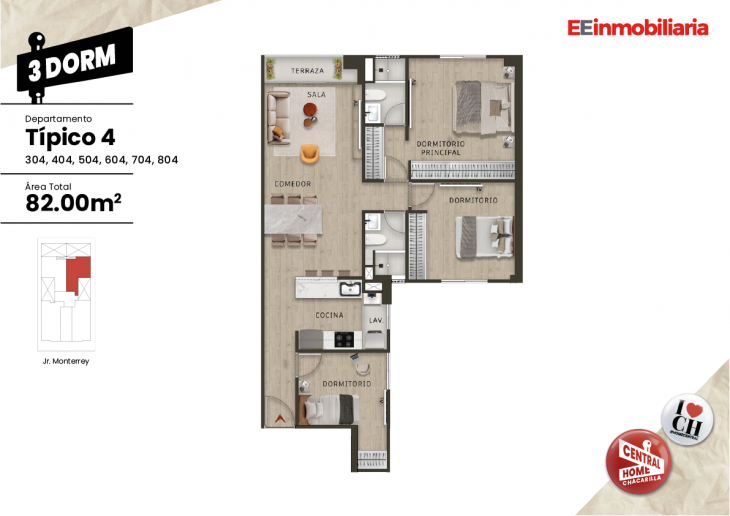 Plano del modelo Típico 4-A del proyecto Central Home Chacarilla en Santiago De Surco