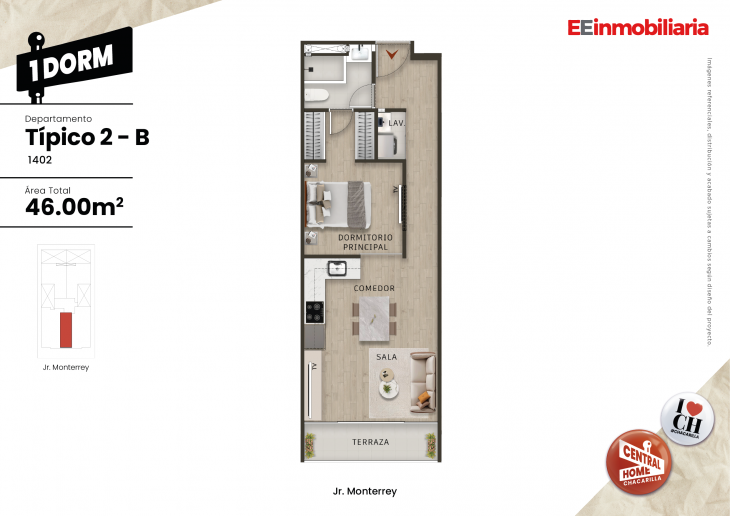 Plano del modelo Dpto. 1402 del proyecto Central Home Chacarilla en Santiago De Surco