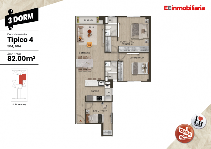 Plano del modelo Típico 4-A del proyecto Central Home Chacarilla en Santiago De Surco