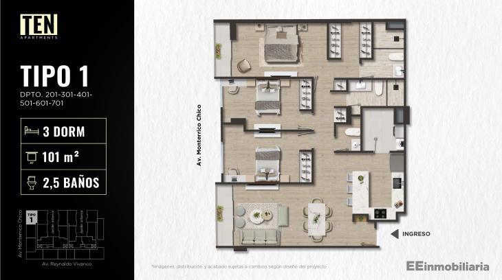 Plano del modelo TIPO 1 del proyecto TEN Apartments en Santiago De Surco
