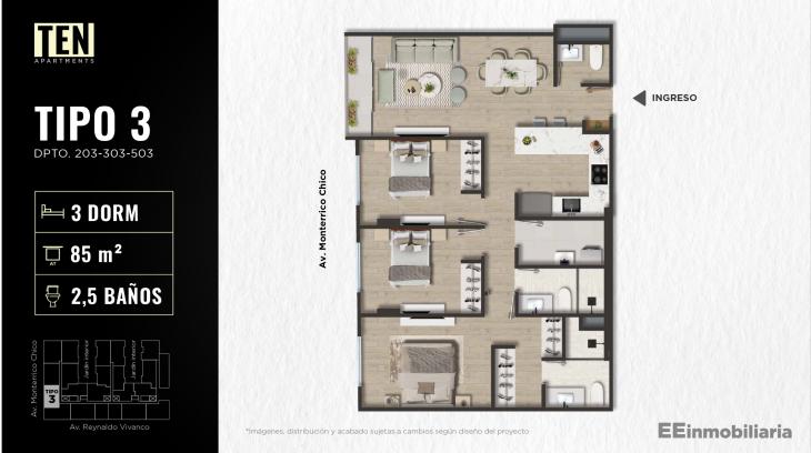 Plano del modelo TIPO 3 del proyecto TEN Apartments en Santiago De Surco