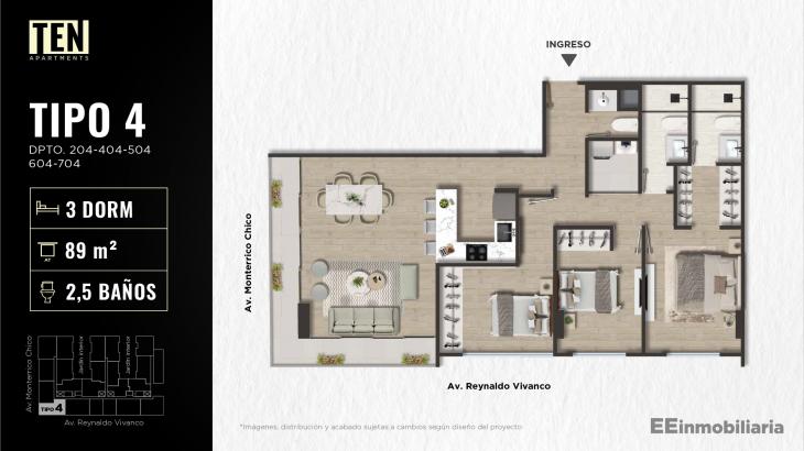 Plano del modelo TIPO 4 del proyecto TEN Apartments en Santiago De Surco