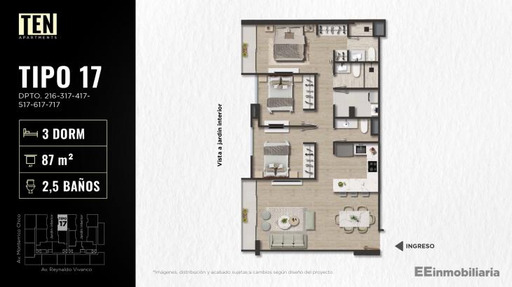 Plano del modelo TIPO 17 del proyecto TEN Apartments en Santiago De Surco