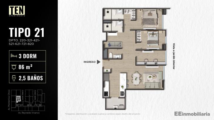 Plano del modelo TIPO 21 del proyecto TEN Apartments en Santiago De Surco