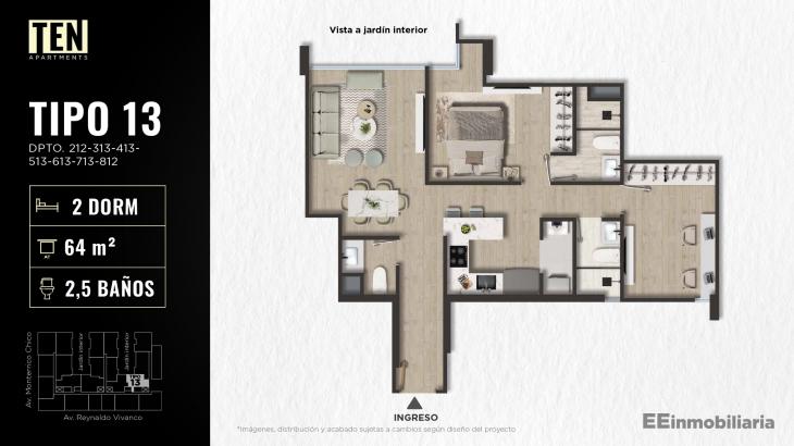 Plano del modelo TIPO 13 del proyecto TEN Apartments en Santiago De Surco