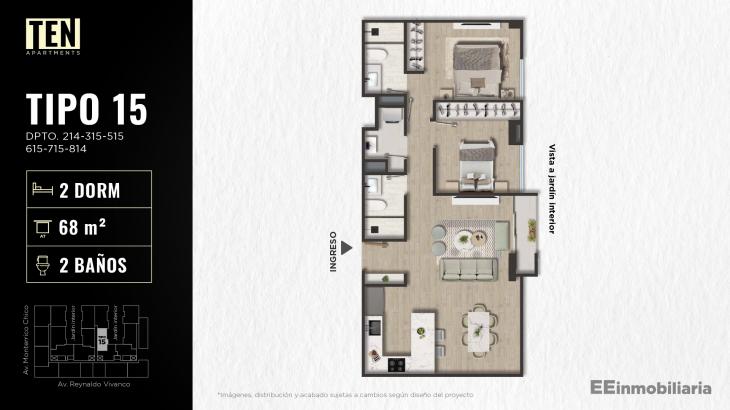 Plano del modelo TIPO 15 del proyecto TEN Apartments en Santiago De Surco