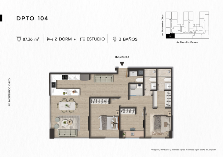 Plano del modelo DPTO. 104 del proyecto TEN Apartments en Santiago De Surco