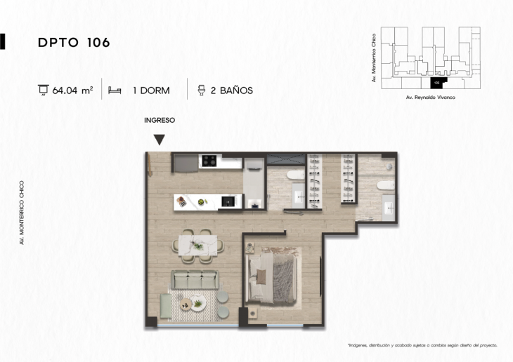 Plano del modelo DPTO. 106 del proyecto TEN Apartments en Santiago De Surco