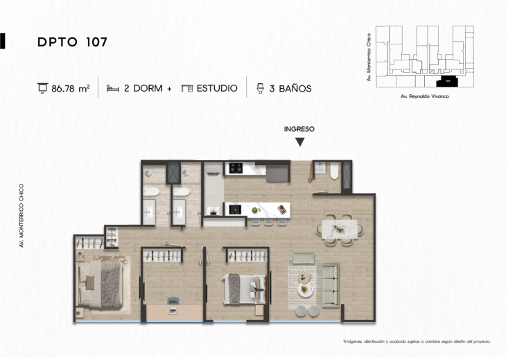 Plano del modelo DPTO. 107 del proyecto TEN Apartments en Santiago De Surco