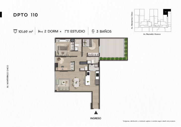 Plano del modelo DPTO. 110 del proyecto TEN Apartments en Santiago De Surco