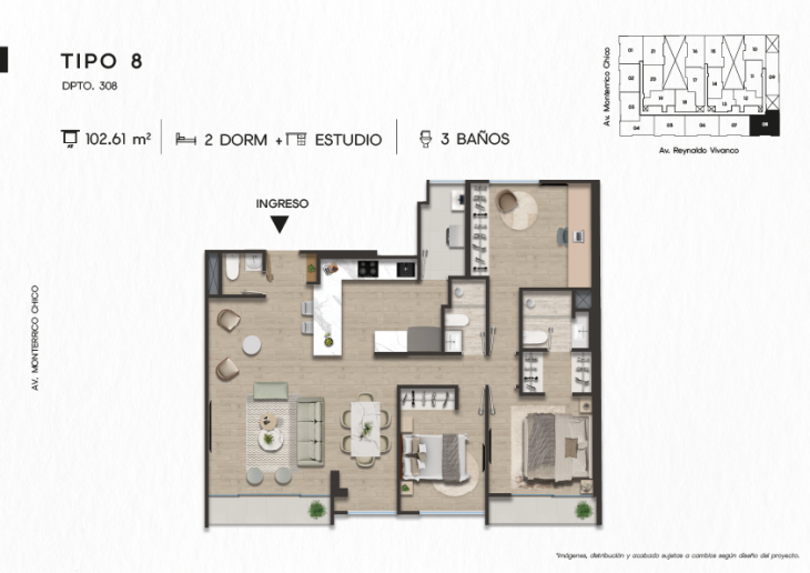 Plano del modelo DPTO. 308 del proyecto TEN Apartments en Santiago De Surco