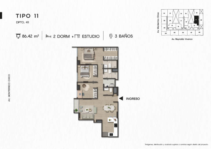 Plano del modelo DPTO. 411 del proyecto TEN Apartments en Santiago De Surco
