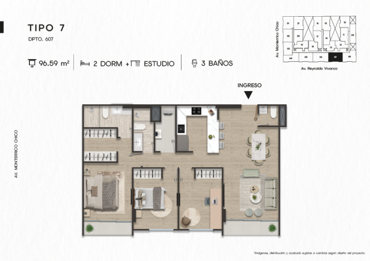 Plano del modelo DPTO. 607 del proyecto TEN Apartments en Santiago De Surco
