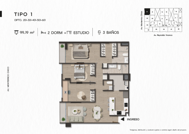 Plano del modelo TIPO 1 del proyecto TEN Apartments en Santiago De Surco