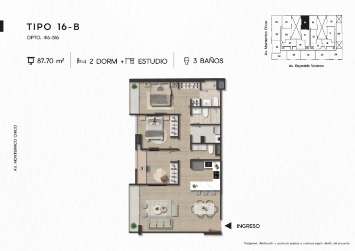 Plano del modelo TIPO 16-B del proyecto TEN Apartments en Santiago De Surco