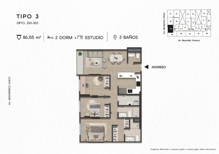 Plano del modelo TIPO 3 del proyecto TEN Apartments en Santiago De Surco