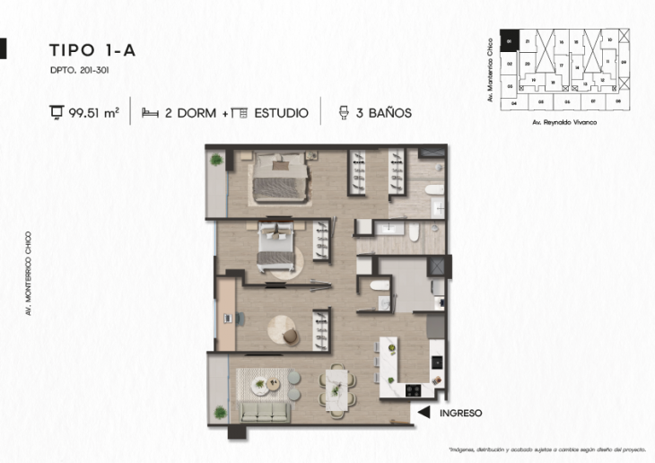 Plano del modelo TIPO 1-A del proyecto TEN Apartments en Santiago De Surco