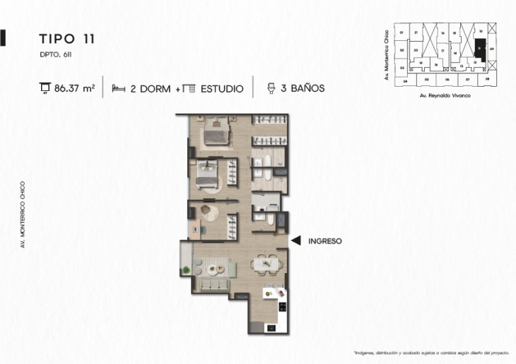 Plano del modelo DPTO. 611 del proyecto TEN Apartments en Santiago De Surco