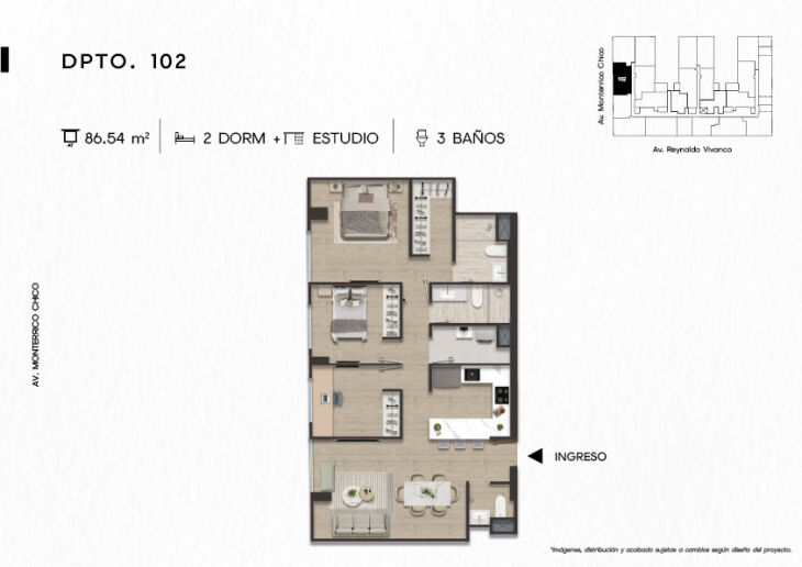 Plano del modelo DPTO. 102 del proyecto TEN Apartments en Santiago De Surco
