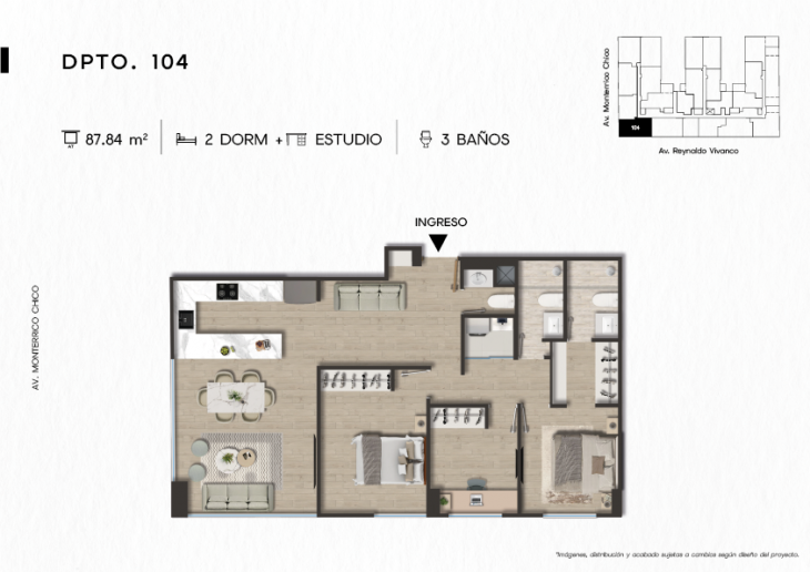 Plano del modelo DPTO. 104 del proyecto TEN Apartments en Santiago De Surco