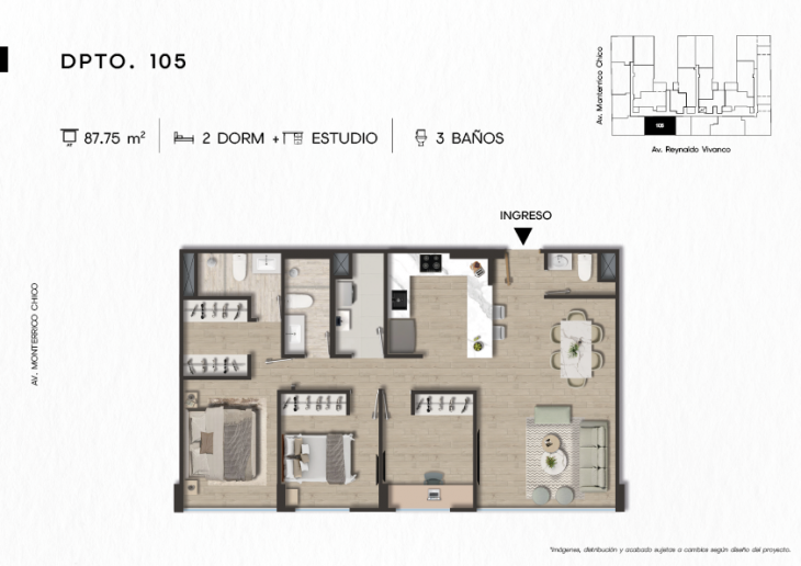Plano del modelo DPTO. 105 del proyecto TEN Apartments en Santiago De Surco