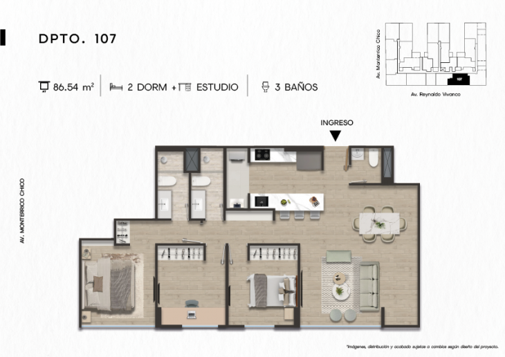 Plano del modelo DPTO. 107 del proyecto TEN Apartments en Santiago De Surco