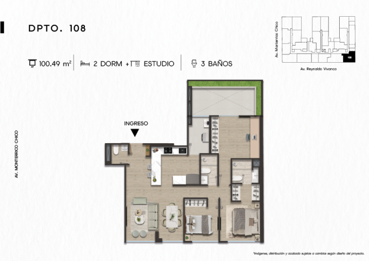 Plano del modelo DPTO. 108 del proyecto TEN Apartments en Santiago De Surco
